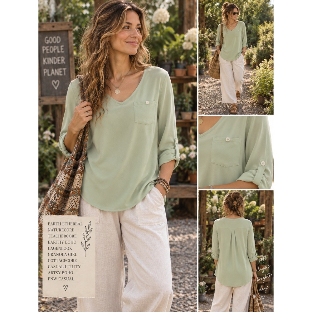 Soft Surroundings Women's Fairmont Tencel Tunic Margarita Green V-Neck XS Petite